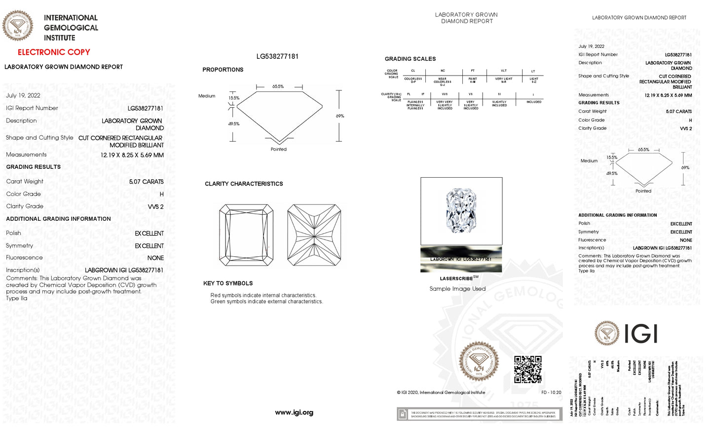 5.07 CT. Radiant VVS2 Clarity / H Color IGI Certified Lab Grown Loose Diamond.