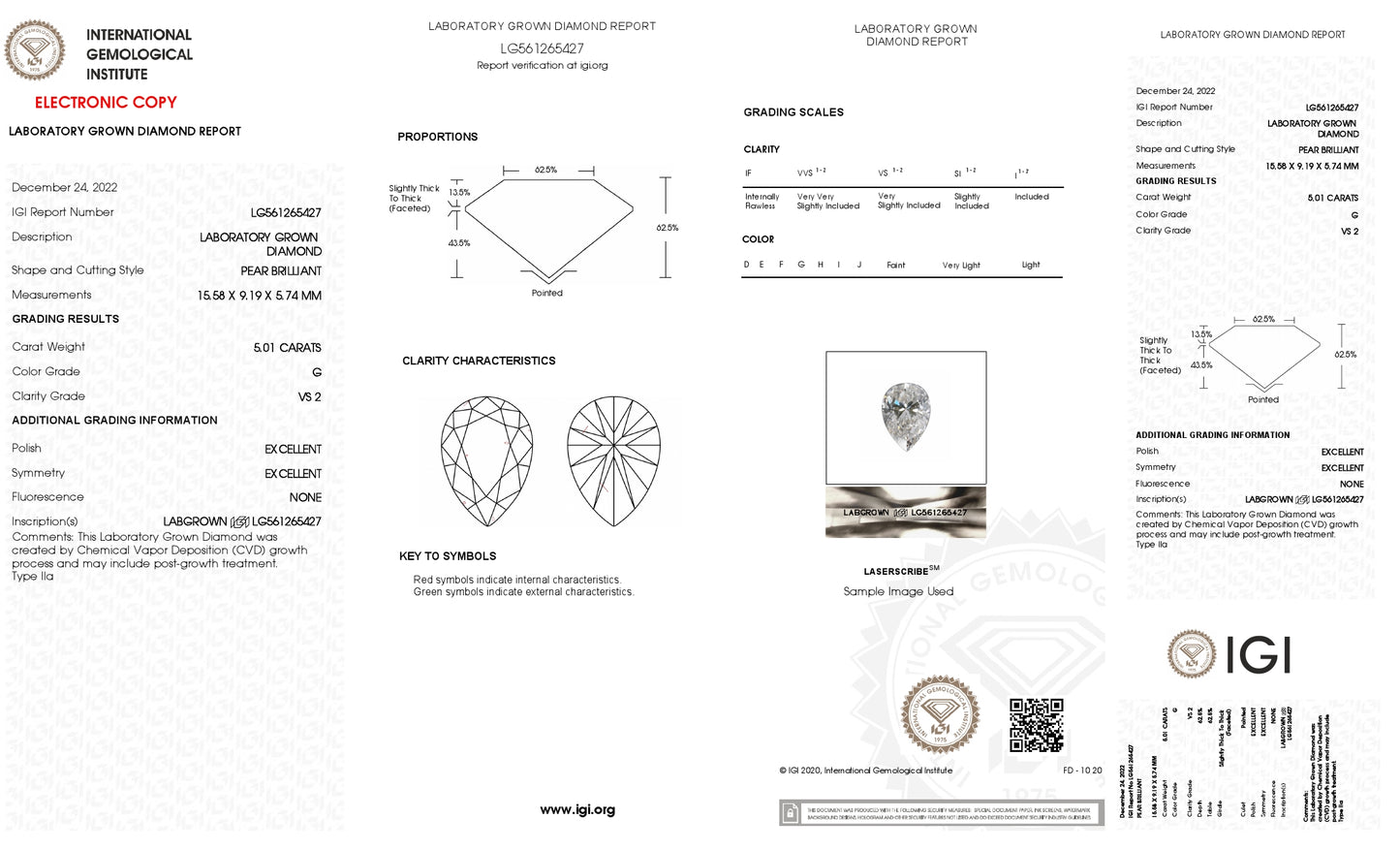 5.01 CT. Pear VS2 Clarity / G Color IGI Certified Lab Grown Loose Diamond.