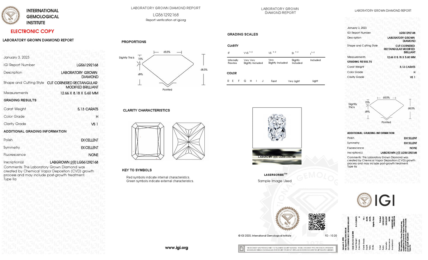 5.13 CT. Radiant VS1 Clarity / H Color IGI Certified Lab Grown Loose Diamond.