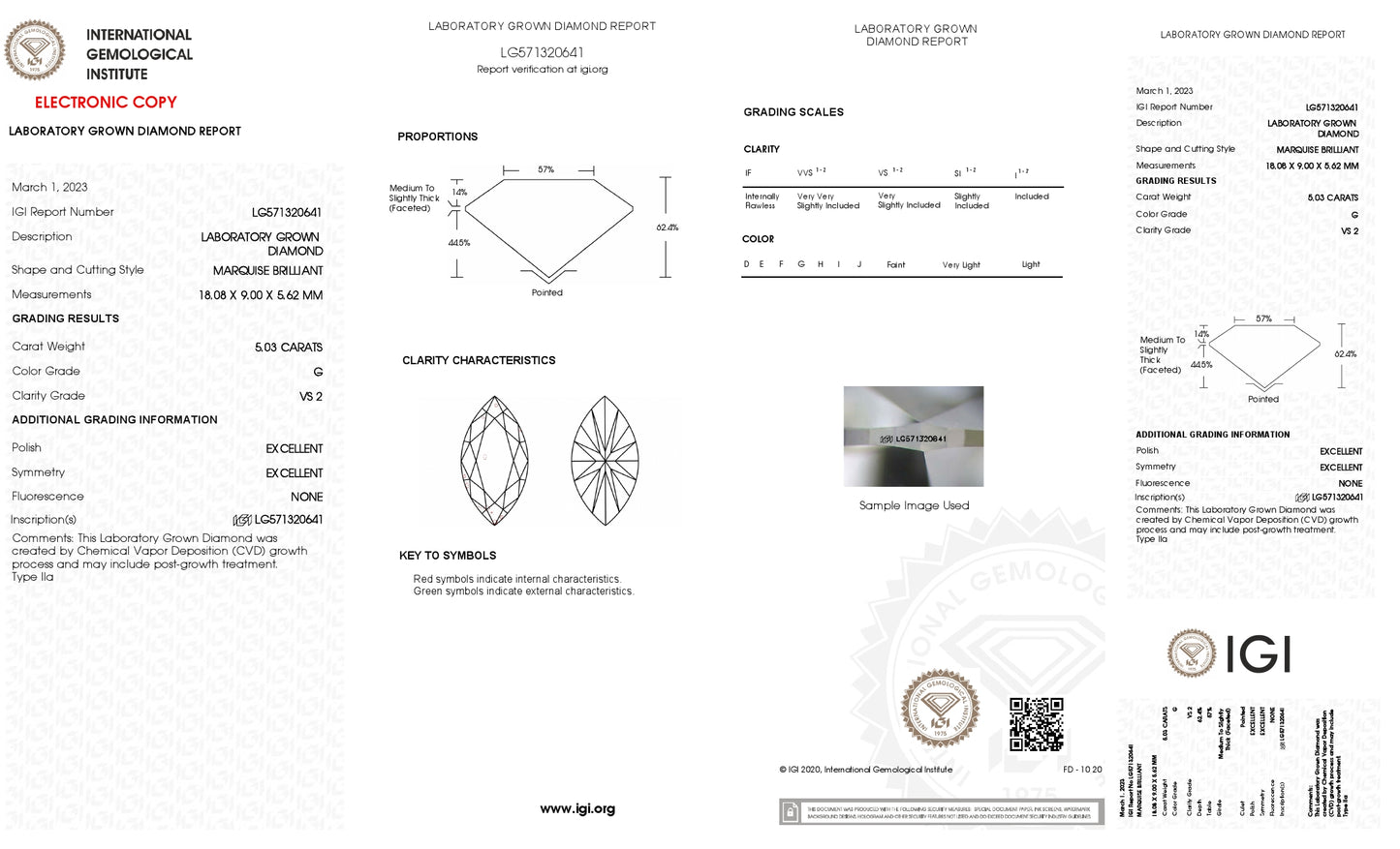 5.03 CT. Marquise VS2 Clarity / G Color IGI Certified Lab Grown Loose Diamond.