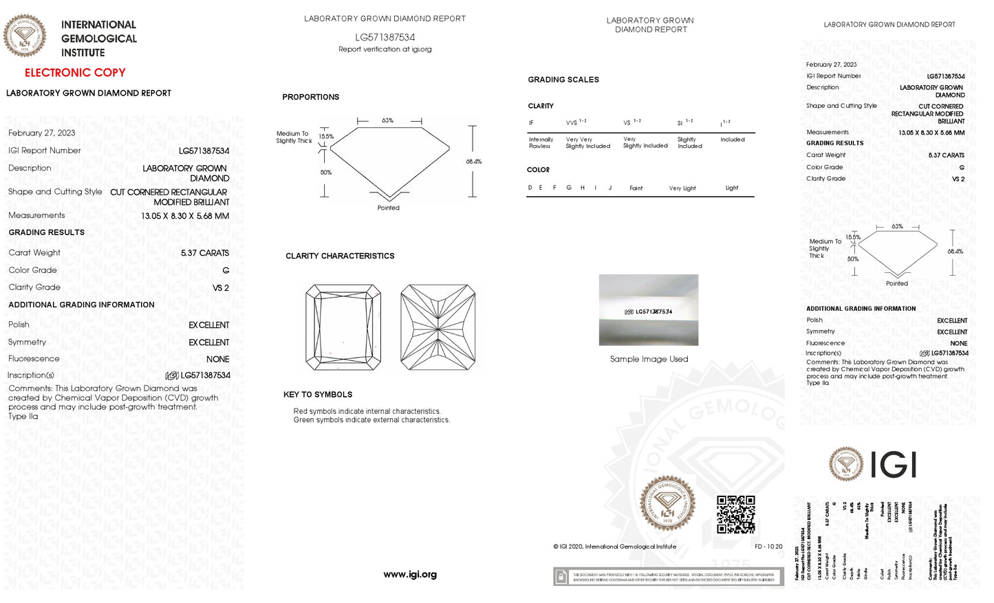 5.37 CT. Radiant VS2 Clarity / G Color IGI Certified Lab Grown Loose Diamond.