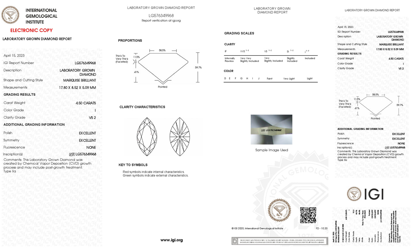 4.50 CT. Marquise VS2 Clarity / I Color IGI Certified Lab Grown Loose Diamond.