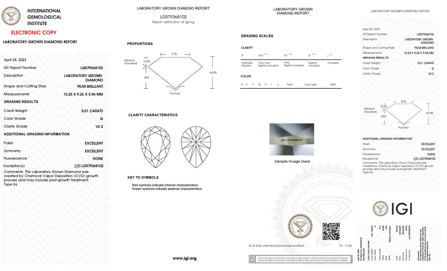 5.01 CT. Pear VS2 Clarity / G Color IGI Certified Lab Grown Loose Diamond.