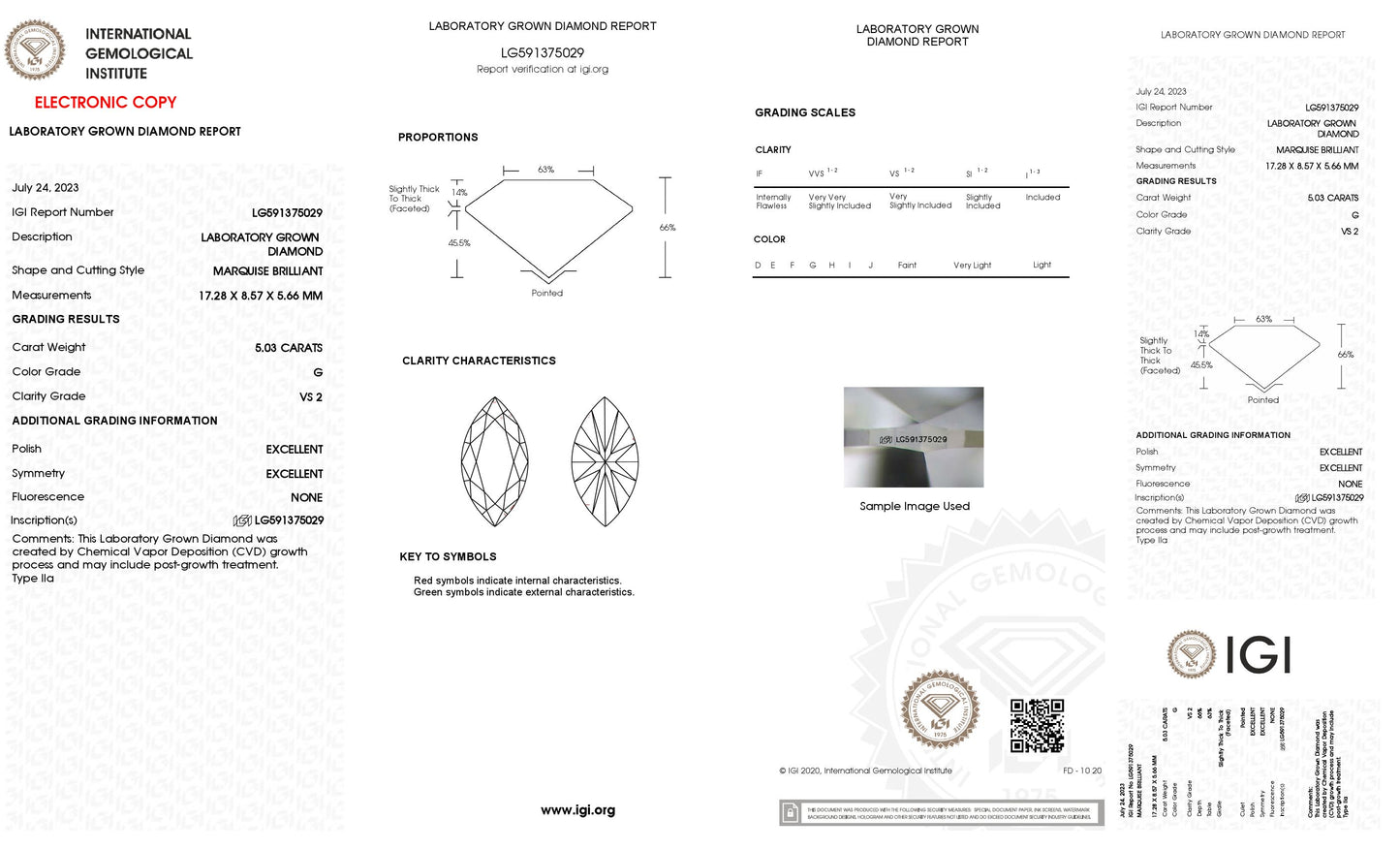 5.03 CT. Marquise VS2 Clarity / G Color IGI Certified Lab Grown Loose Diamond.
