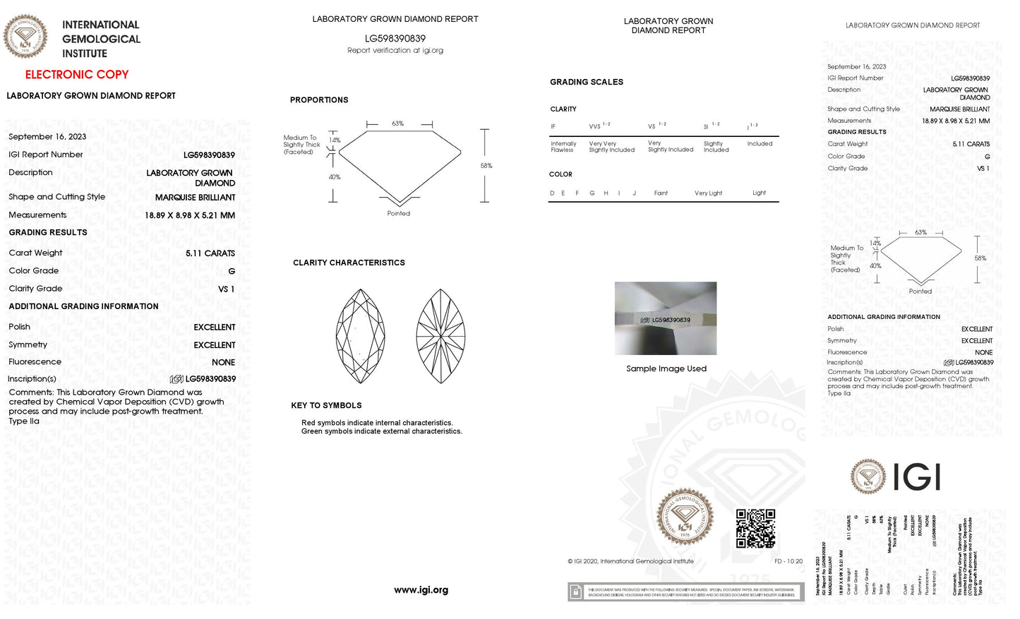 5.11 CT. Marquise VS1 Clarity / G Color IGI Certified Lab Grown Loose Diamond.
