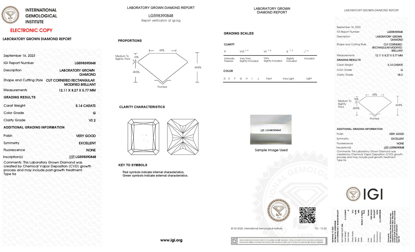 5.14 CT. Radiant VS2 Clarity / G Color IGI Certified Lab Grown Loose Diamond.