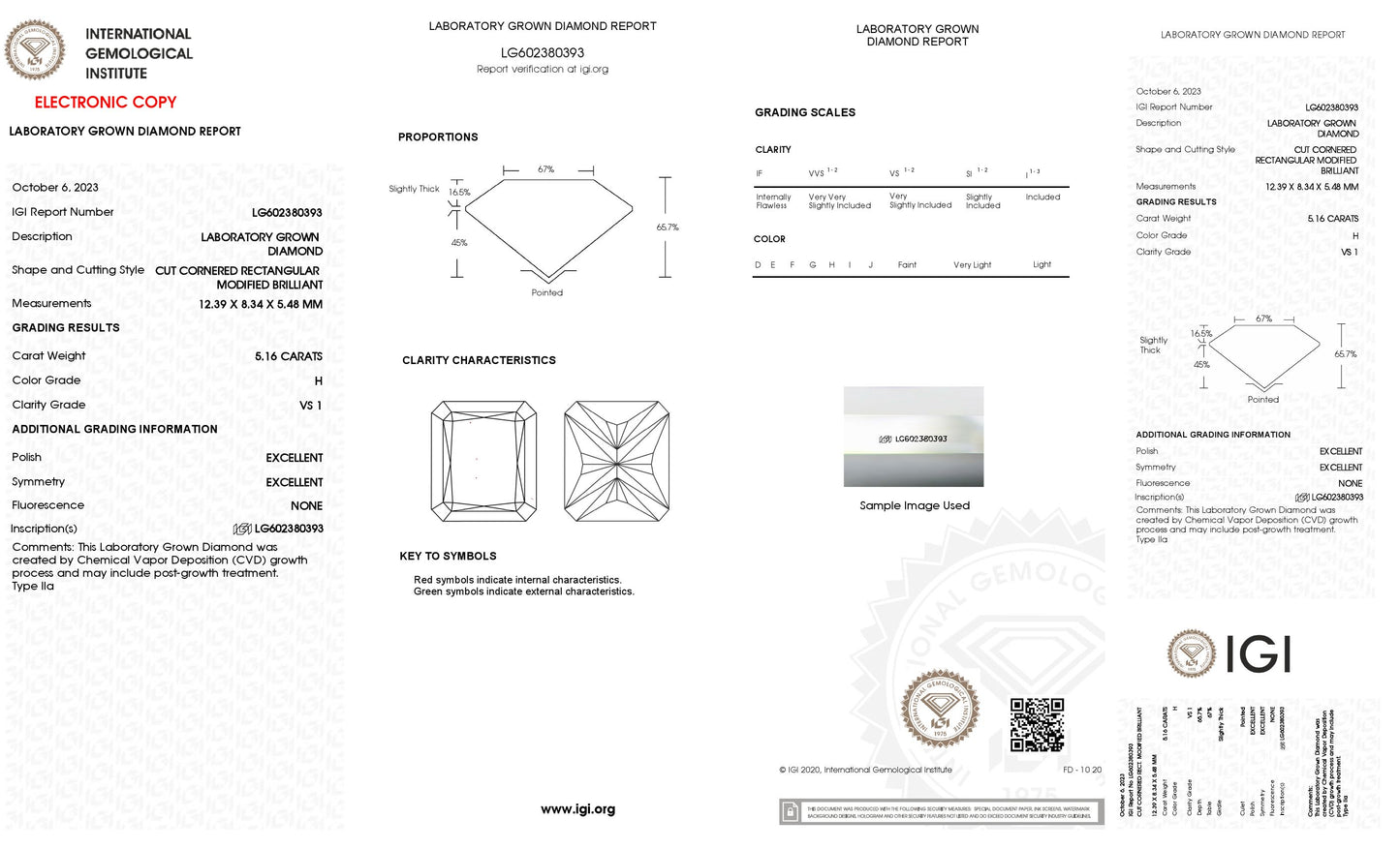 5.16 CT. Radiant VS1 Clarity / H Color IGI Certified Lab Grown Loose Diamond.
