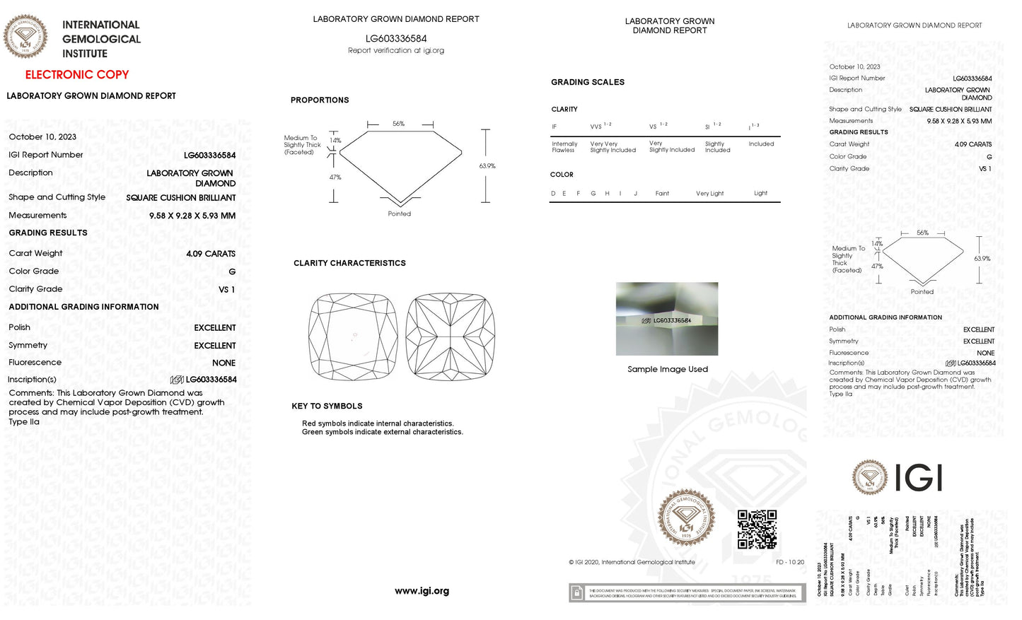 4.09 CT. Cushion VS1 Clarity / G Color IGI Certified Lab Grown Loose Diamond.