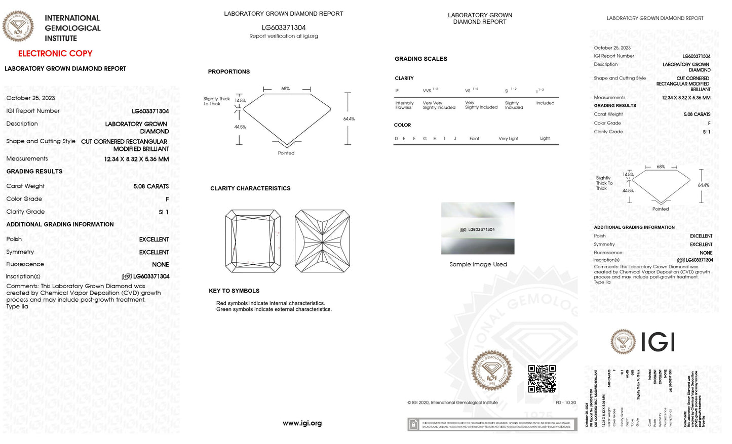 5.08 CT. Radiant SI1 Clarity / F Color IGI Certified Lab Grown Loose Diamond.