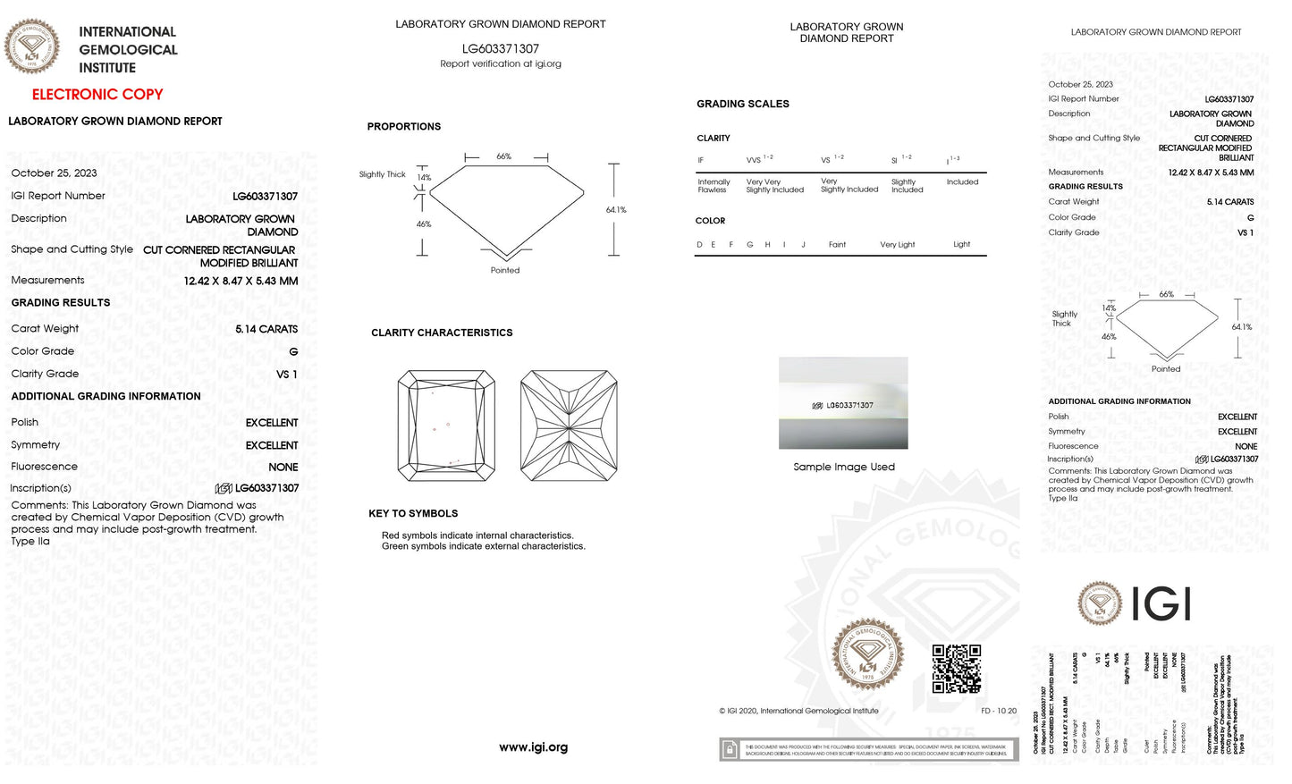 5.14 CT. Radiant VS1 Clarity / G Color IGI Certified Lab Grown Loose Diamond.