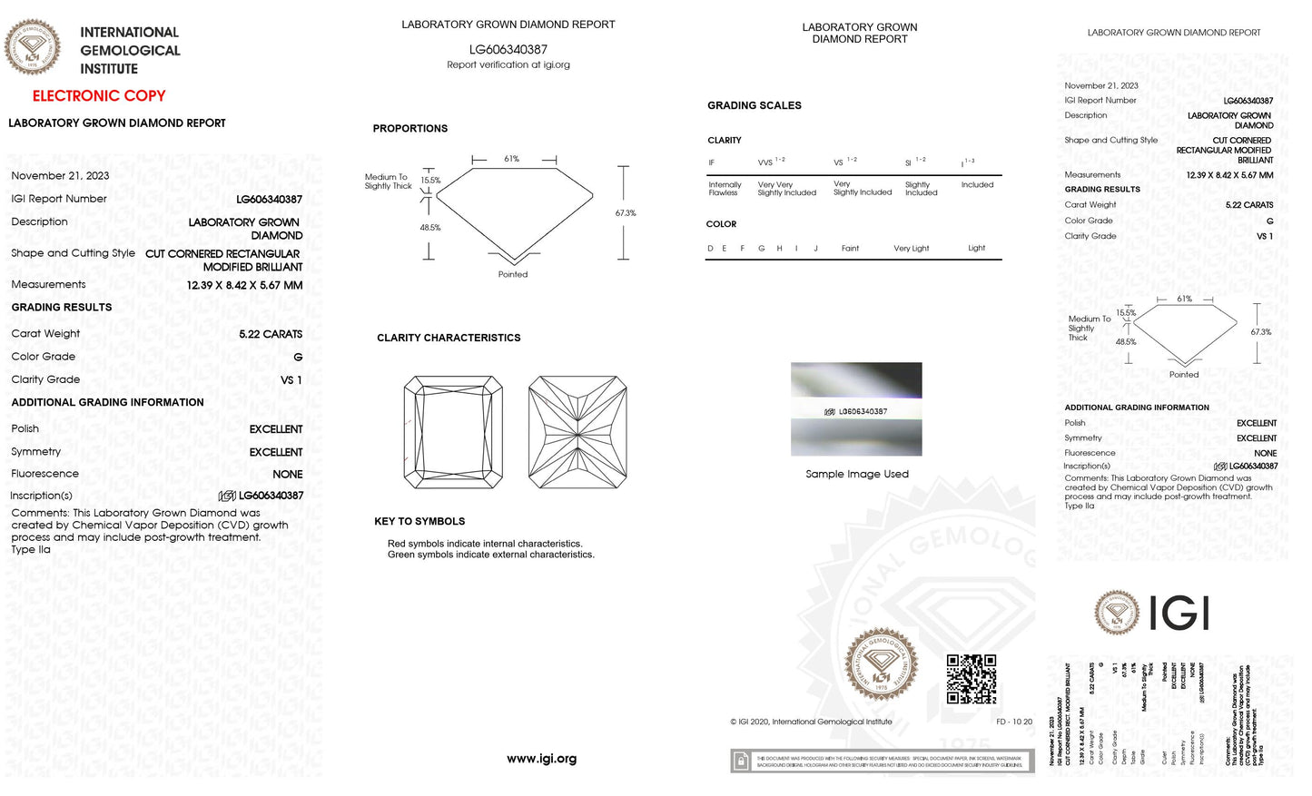 5.22 CT. Radiant VS1 Clarity / G Color IGI Certified Lab Grown Loose Diamond.
