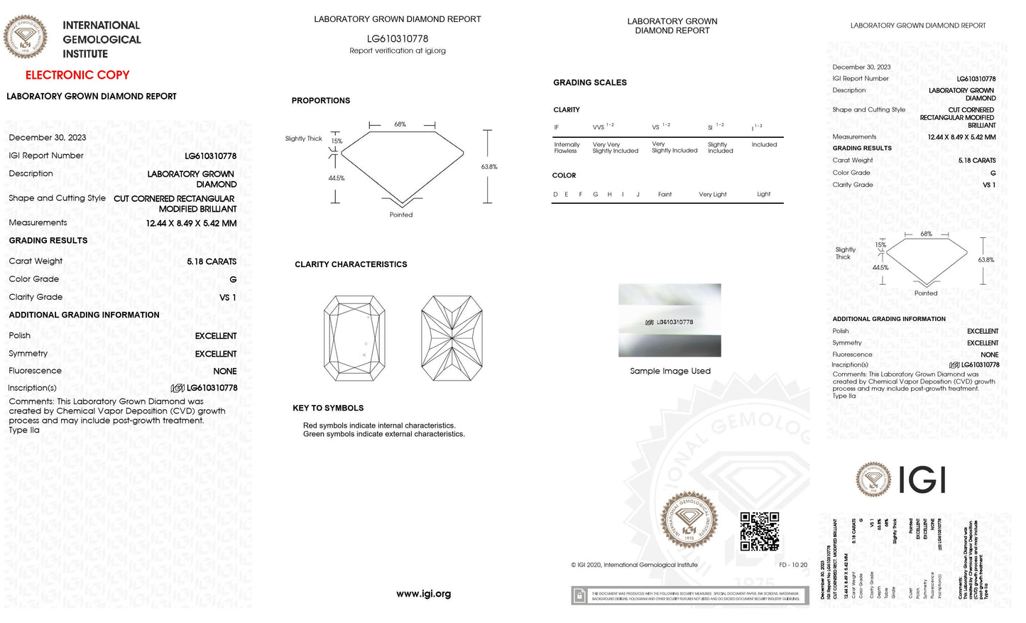 5.18 CT. Radiant VS1 Clarity / G Color IGI Certified Lab Grown Loose Diamond.