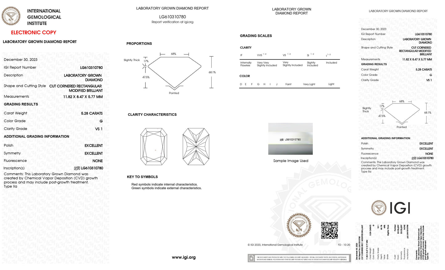 5.28 CT. Radiant VS1 Clarity / G Color IGI Certified Lab Grown Loose Diamond.