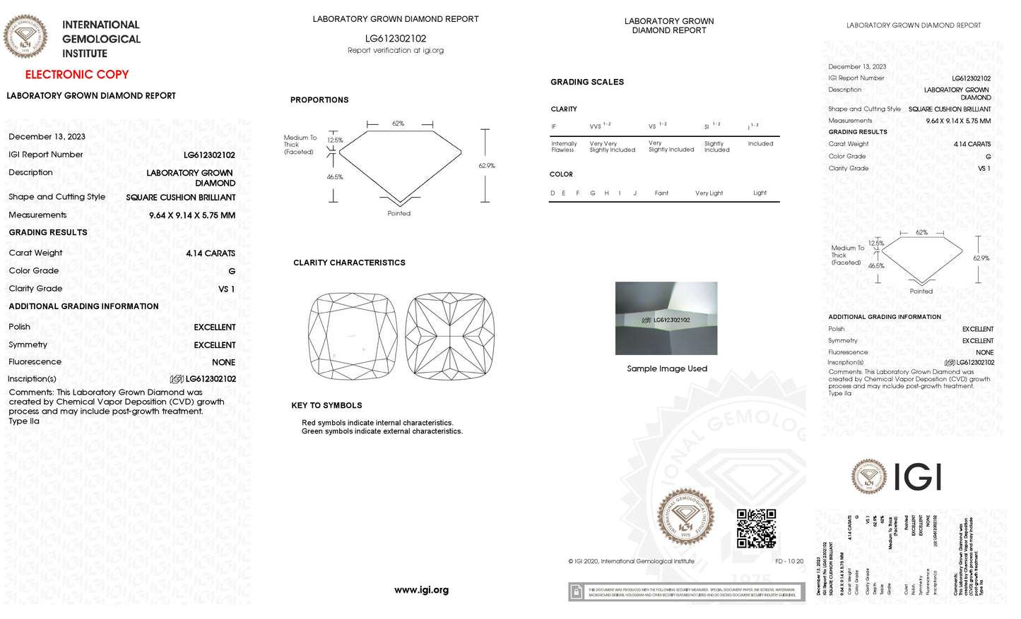 4.14 CT. Cushion VS1 Clarity / G Color IGI Certified Lab Grown Loose Diamond.