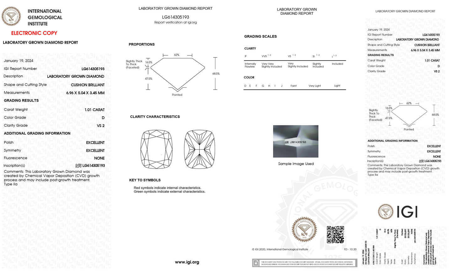 1.01 CT. Cushion VS2 Clarity / D Color IGI Certified Lab Grown Loose Diamond.