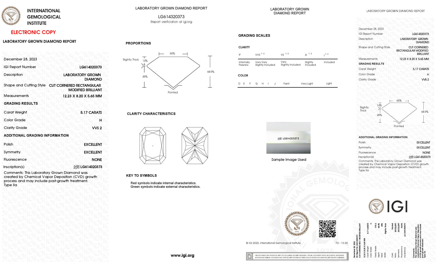 5.17 CT. Radiant VVS2 Clarity / H Color IGI Certified Lab Grown Loose Diamond.