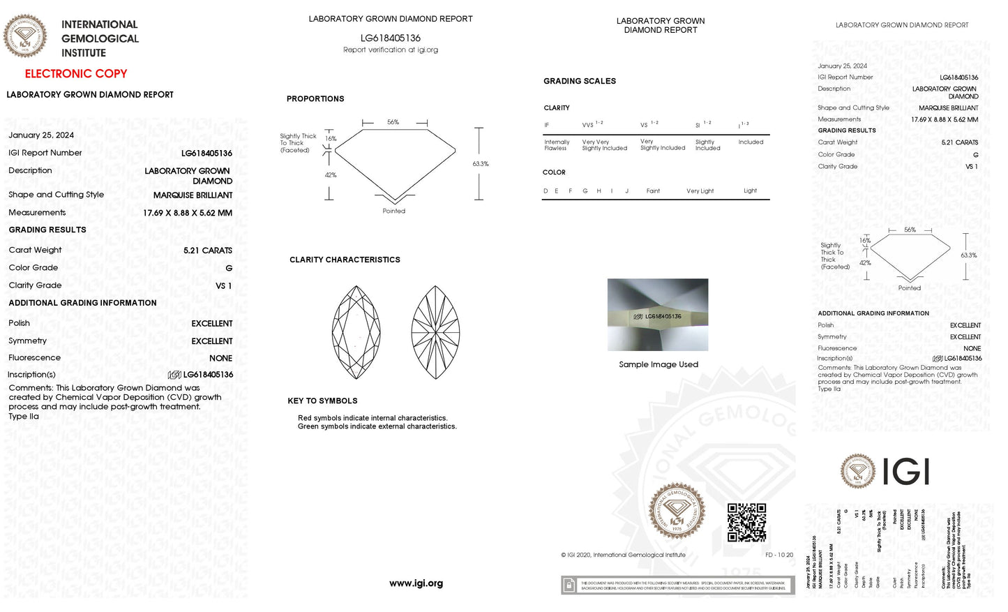 5.21 CT. Marquise VS1 Clarity / G Color IGI Certified Lab Grown Loose Diamond.