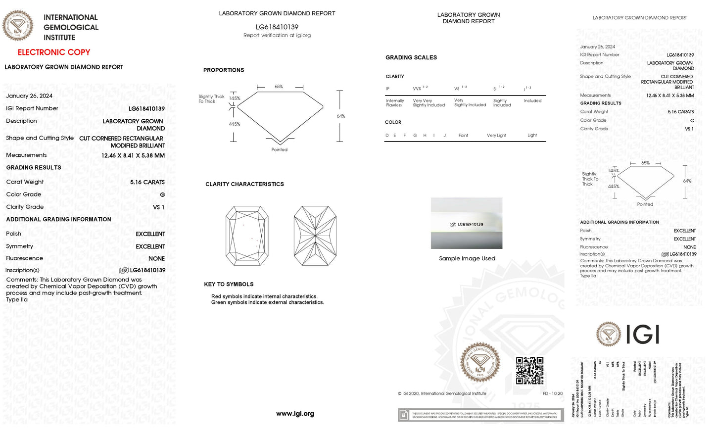 5.16 CT. Radiant VS1 Clarity / G Color IGI Certified Lab Grown Loose Diamond.