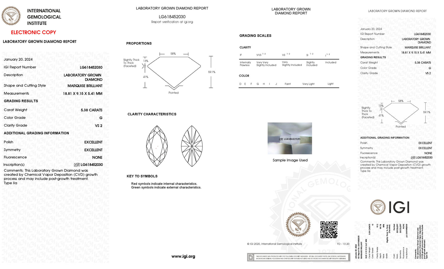 5.38 CT. Marquise VS2 Clarity / G Color IGI Certified Lab Grown Loose Diamond.