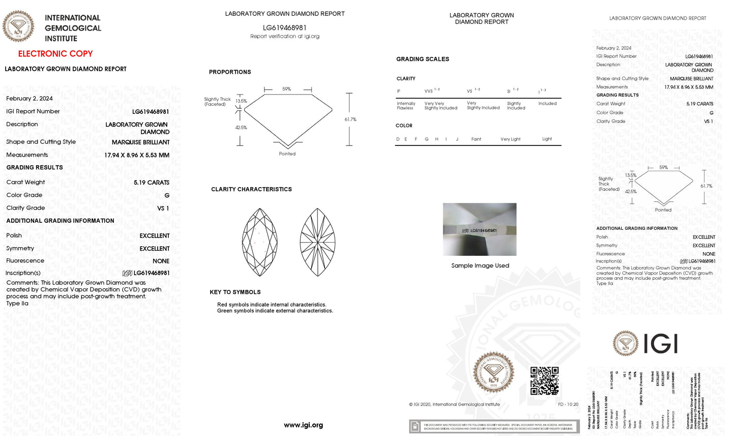 5.19 CT. Marquise VS1 Clarity / G Color IGI Certified Lab Grown Loose Diamond.