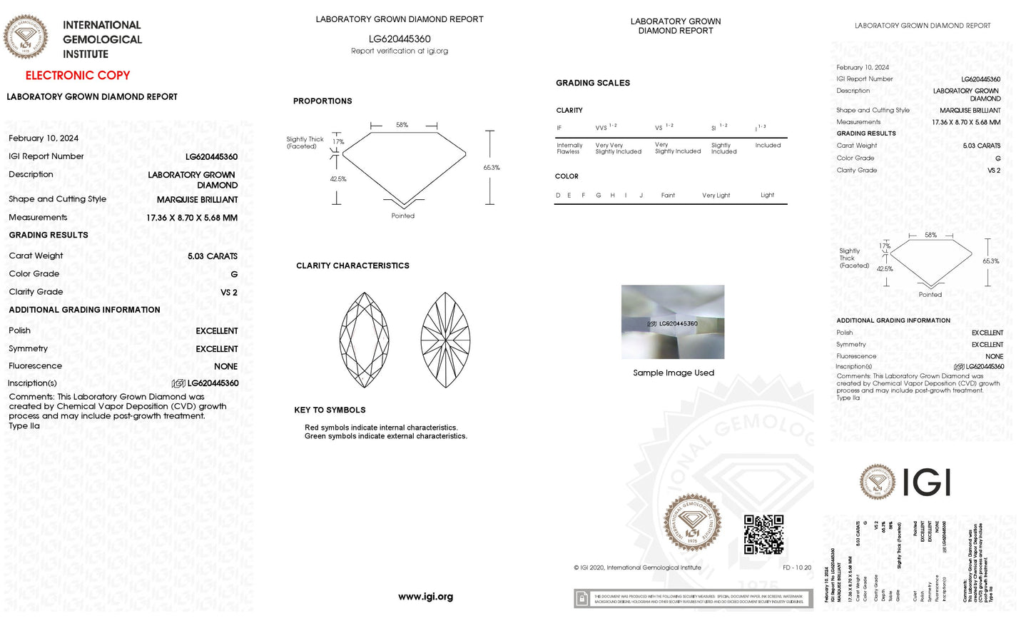 5.03 CT. Marquise VS2 Clarity / G Color IGI Certified Lab Grown Loose Diamond.