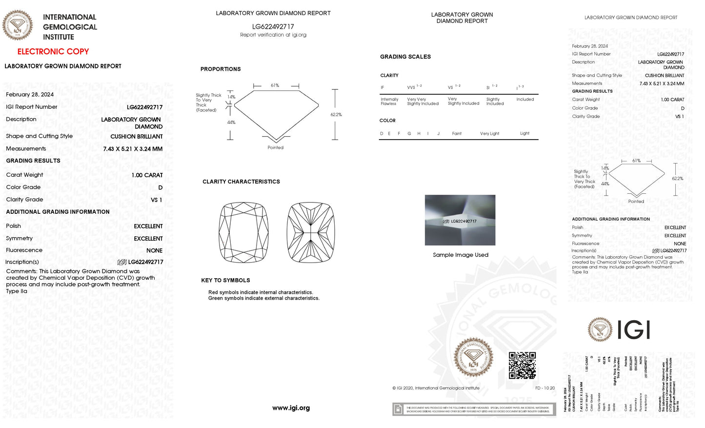 1.00 CT. Cushion VS1 Clarity / D Color IGI Certified Lab Grown Loose Diamond.