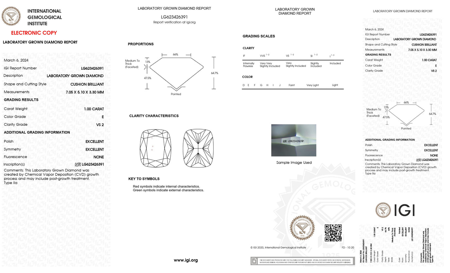 1.00 CT. Cushion VS2 Clarity / E Color IGI Certified Lab Grown Loose Diamond.