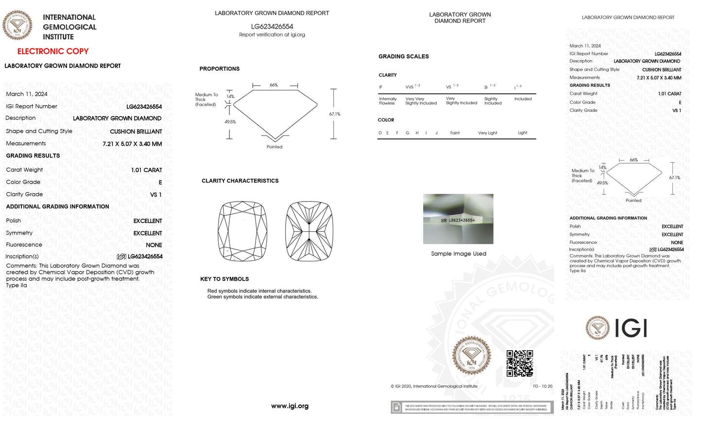 1.01 CT. Cushion VS1 Clarity / E Color IGI Certified Lab Grown Loose Diamond.