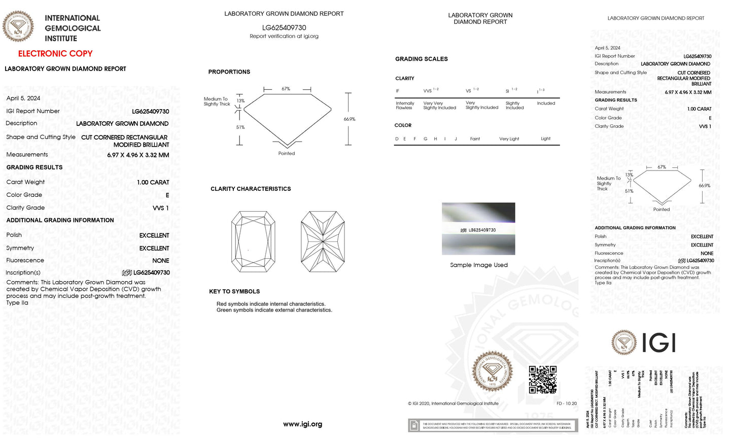 1.00 CT. Radiant VVS1 Clarity / E Color IGI Certified Lab Grown Loose Diamond.