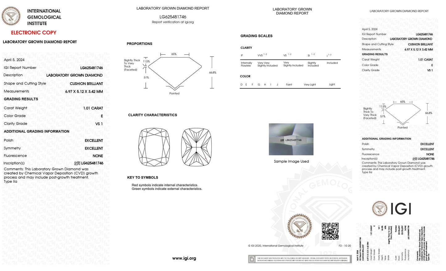 1.01 CT. Cushion VS1 Clarity / E Color IGI Certified Lab Grown Loose Diamond.