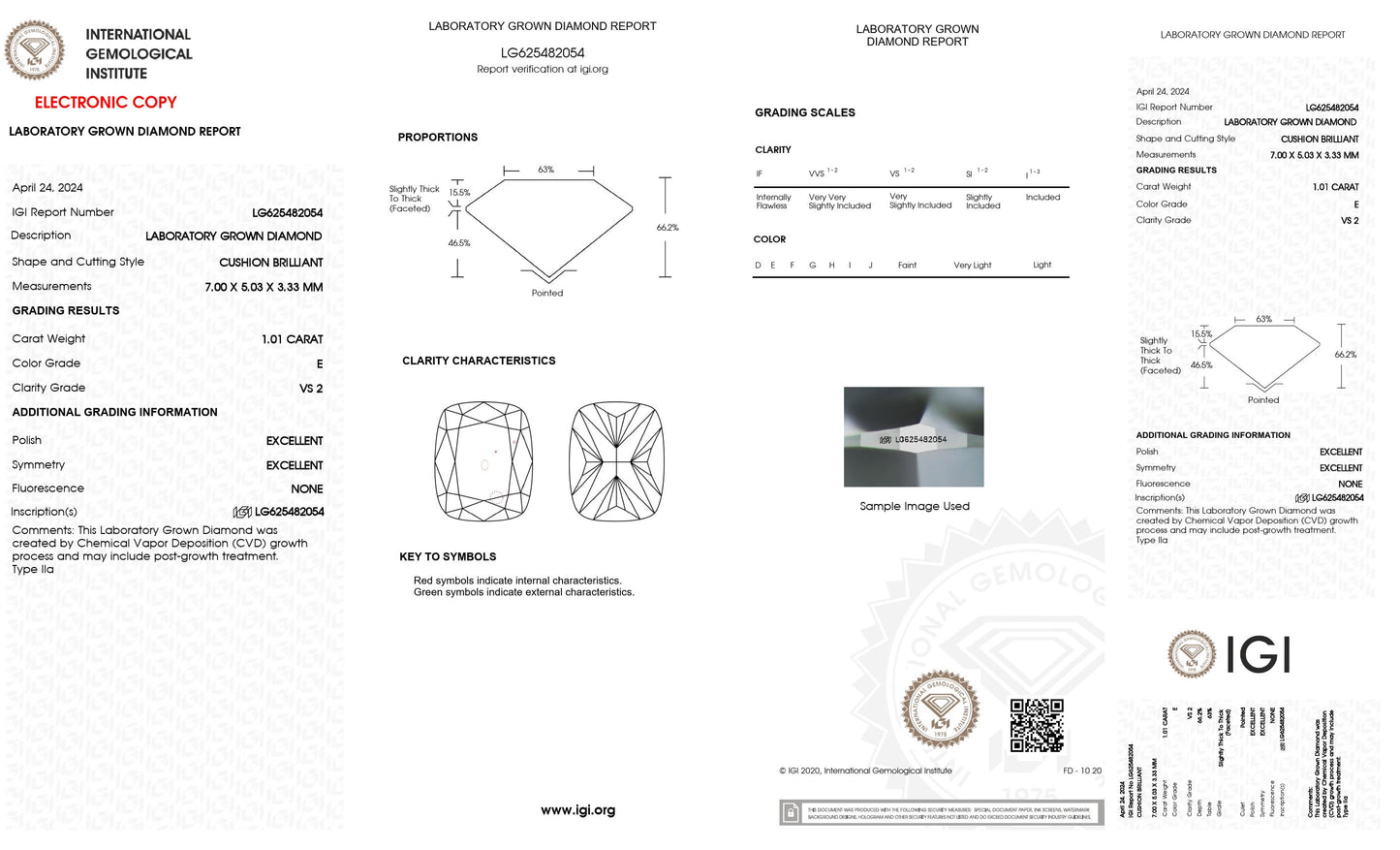 1.01 CT. Cushion VS2 Clarity / E Color IGI Certified Lab Grown Loose Diamond.