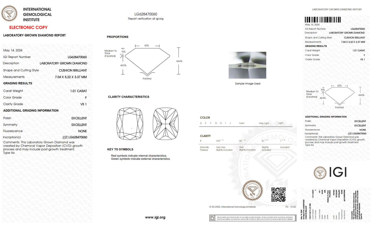 1.01 CT. Cushion VS1 Clarity / F Color IGI Certified Lab Grown Loose Diamond.