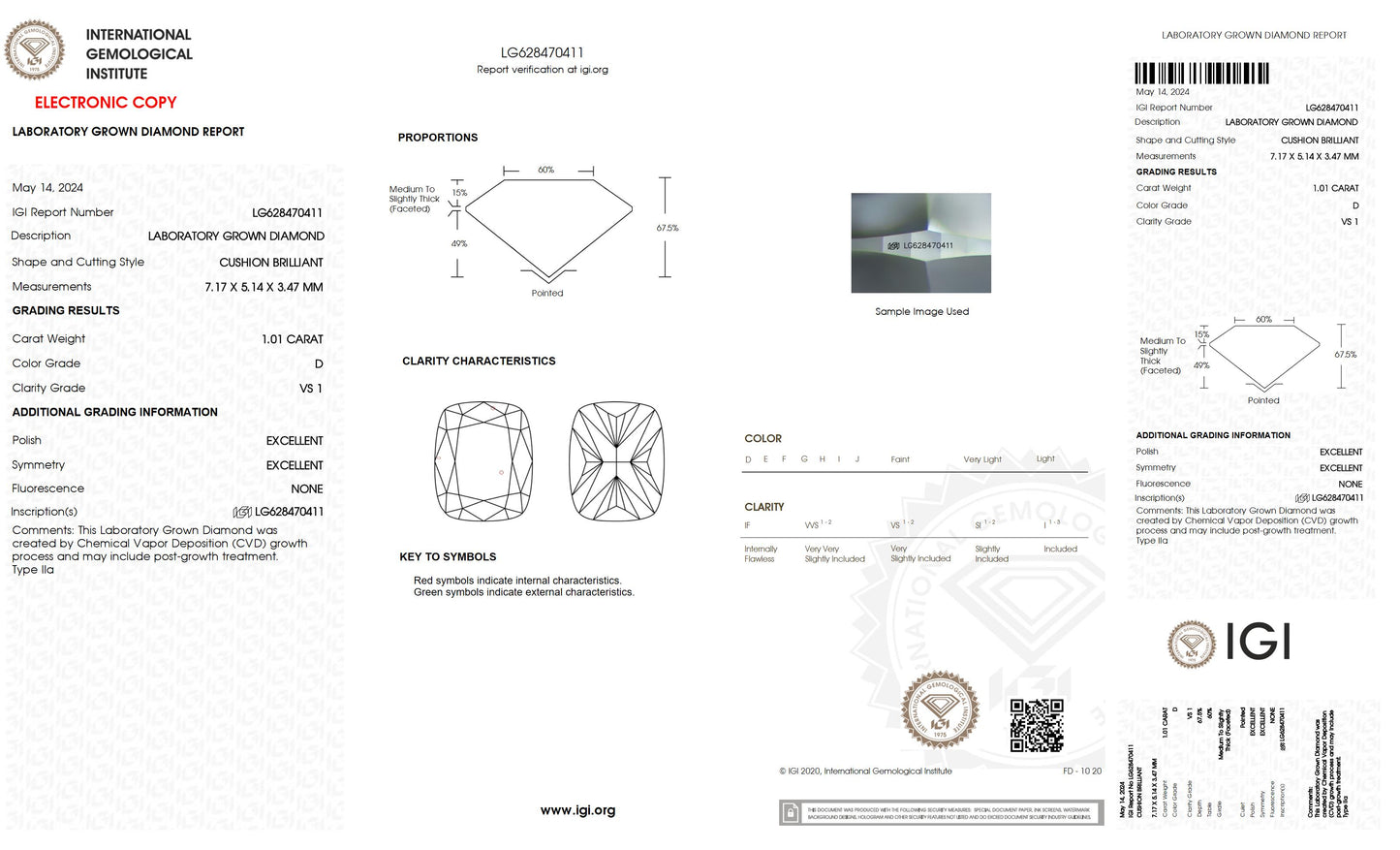1.01 CT. Cushion VS1 Clarity / D Color IGI Certified Lab Grown Loose Diamond.