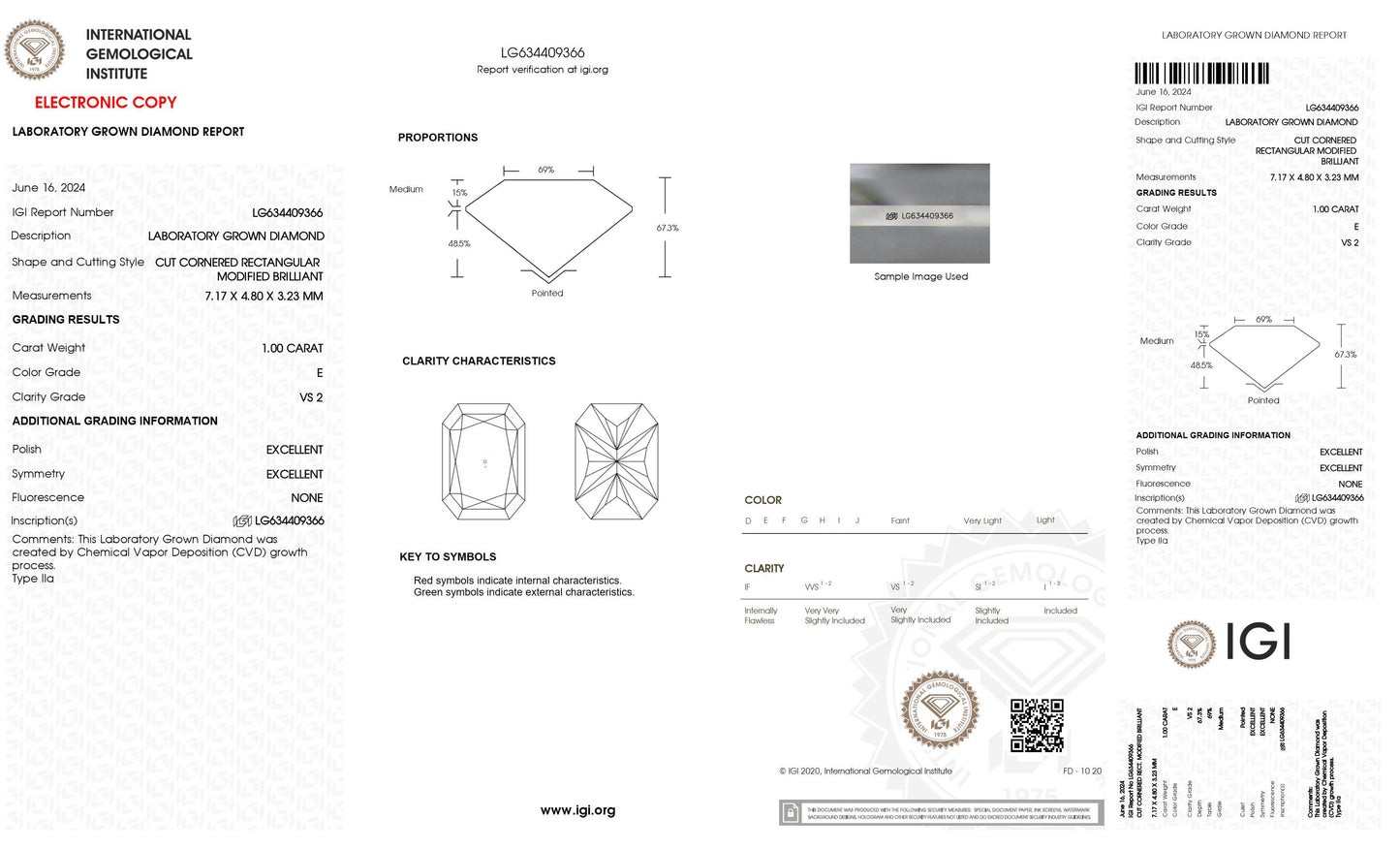 1.00 CT. Radiant VS2 Clarity / E Color IGI Certified Lab Grown Loose Diamond.