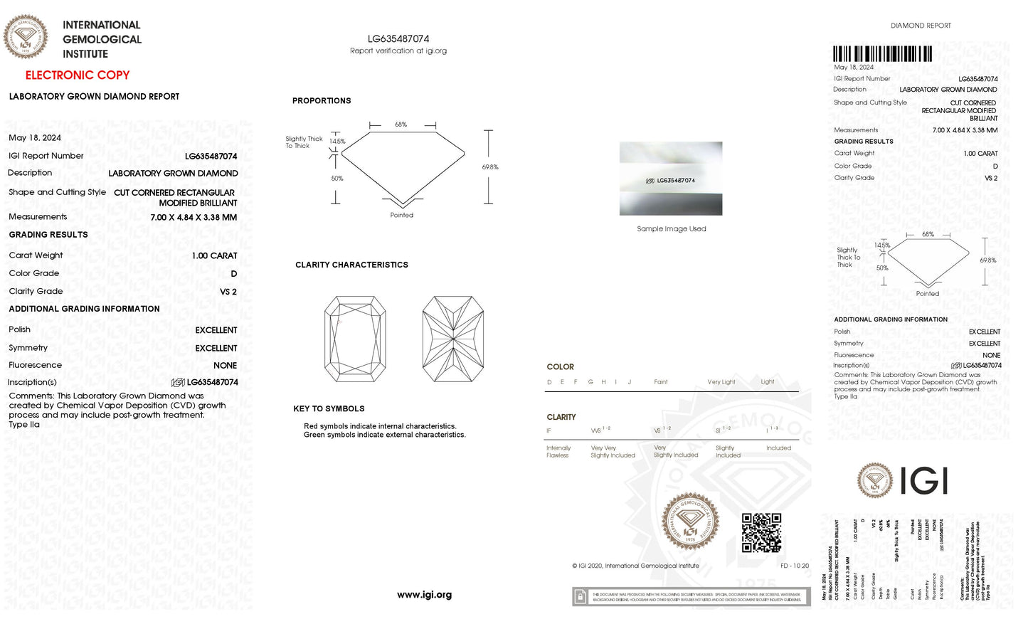 1.00 CT. Radiant VS2 Clarity / D Color IGI Certified Lab Grown Loose Diamond.
