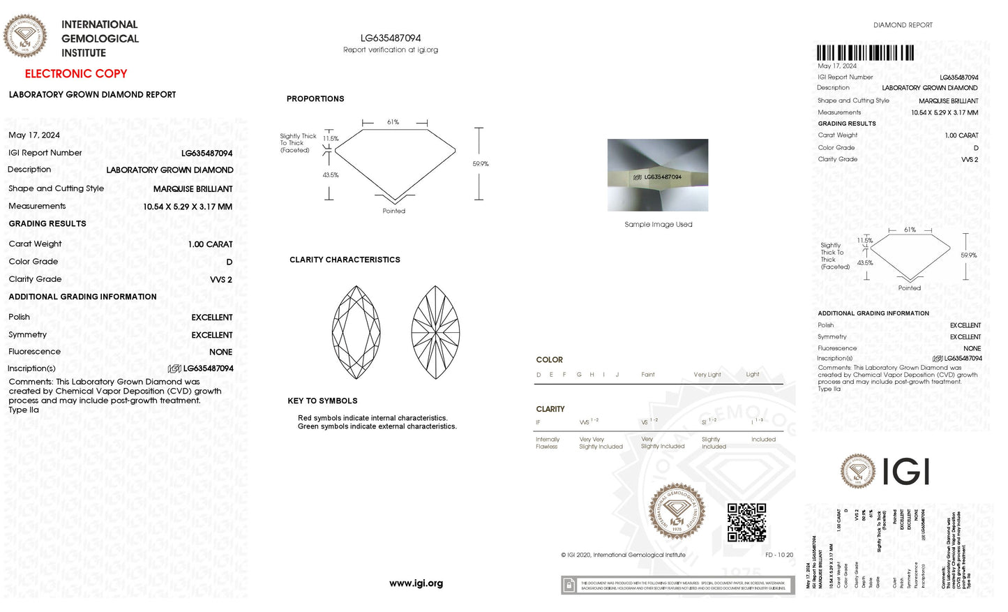 1.00 CT. Marquise VVS2 Clarity / D Color IGI Certified Lab Grown Loose Diamond.