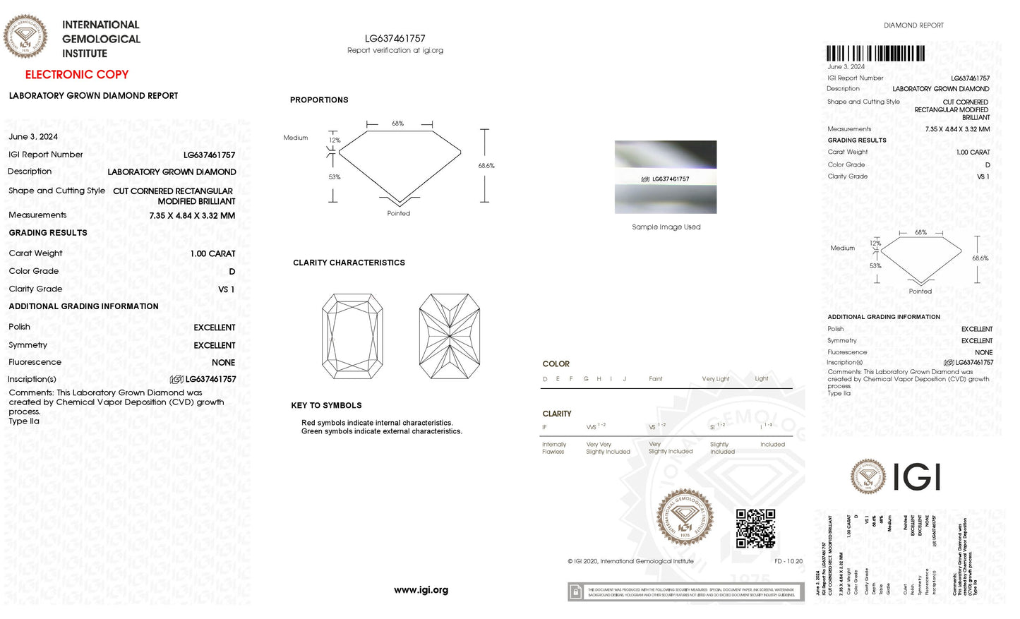 1.00 CT. Radiant VS1 Clarity / D Color IGI Certified Lab Grown Loose Diamond.