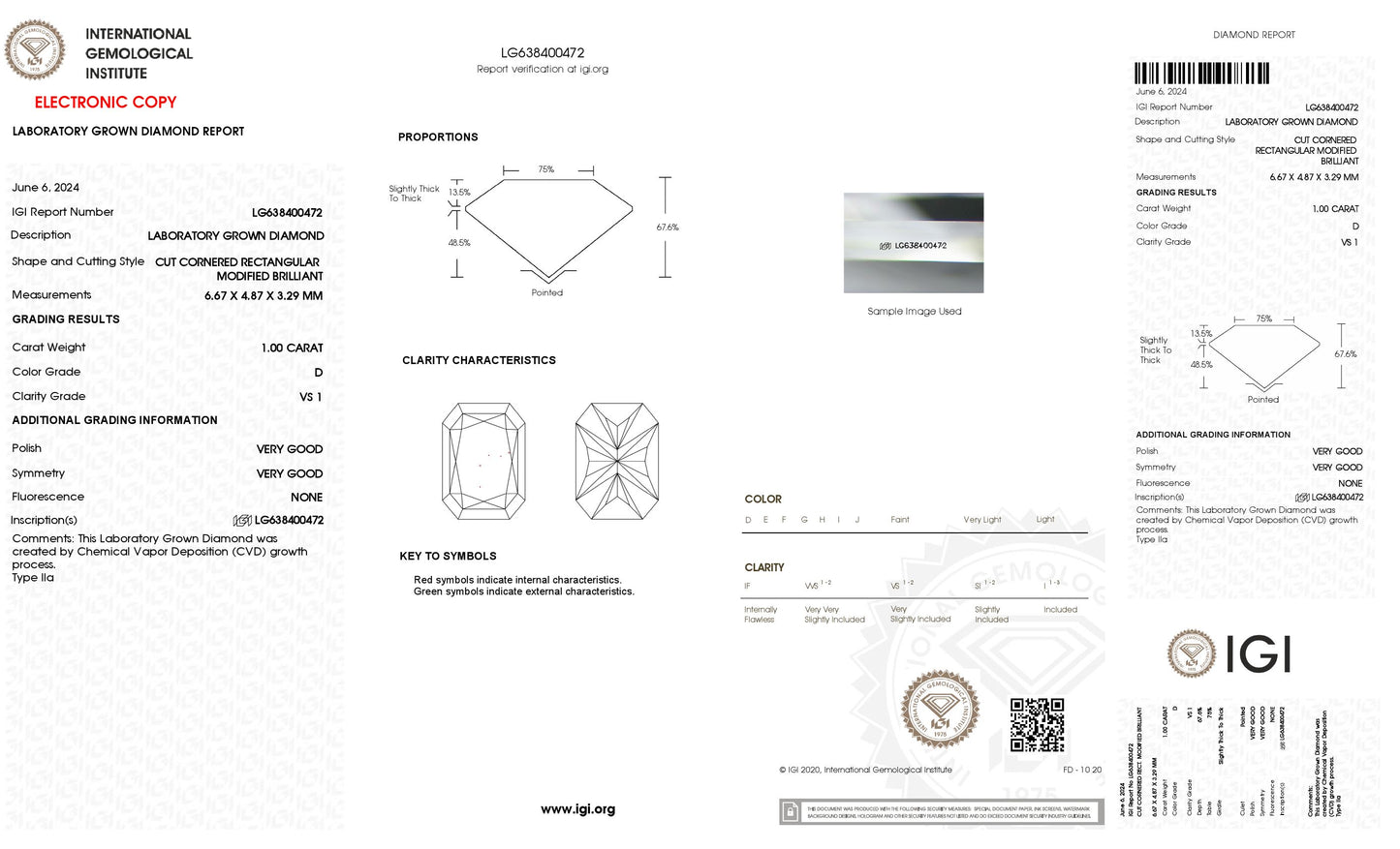 1.00 CT. Radiant VS1 Clarity / D Color IGI Certified Lab Grown Loose Diamond.