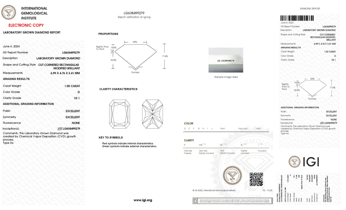 1.00 CT. Radiant VS1 Clarity / D Color IGI Certified Lab Grown Loose Diamond.
