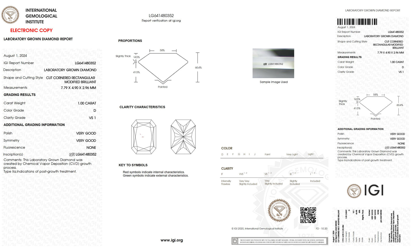 1.00 CT. Radiant VS1 Clarity / D Color IGI Certified Lab Grown Loose Diamond.