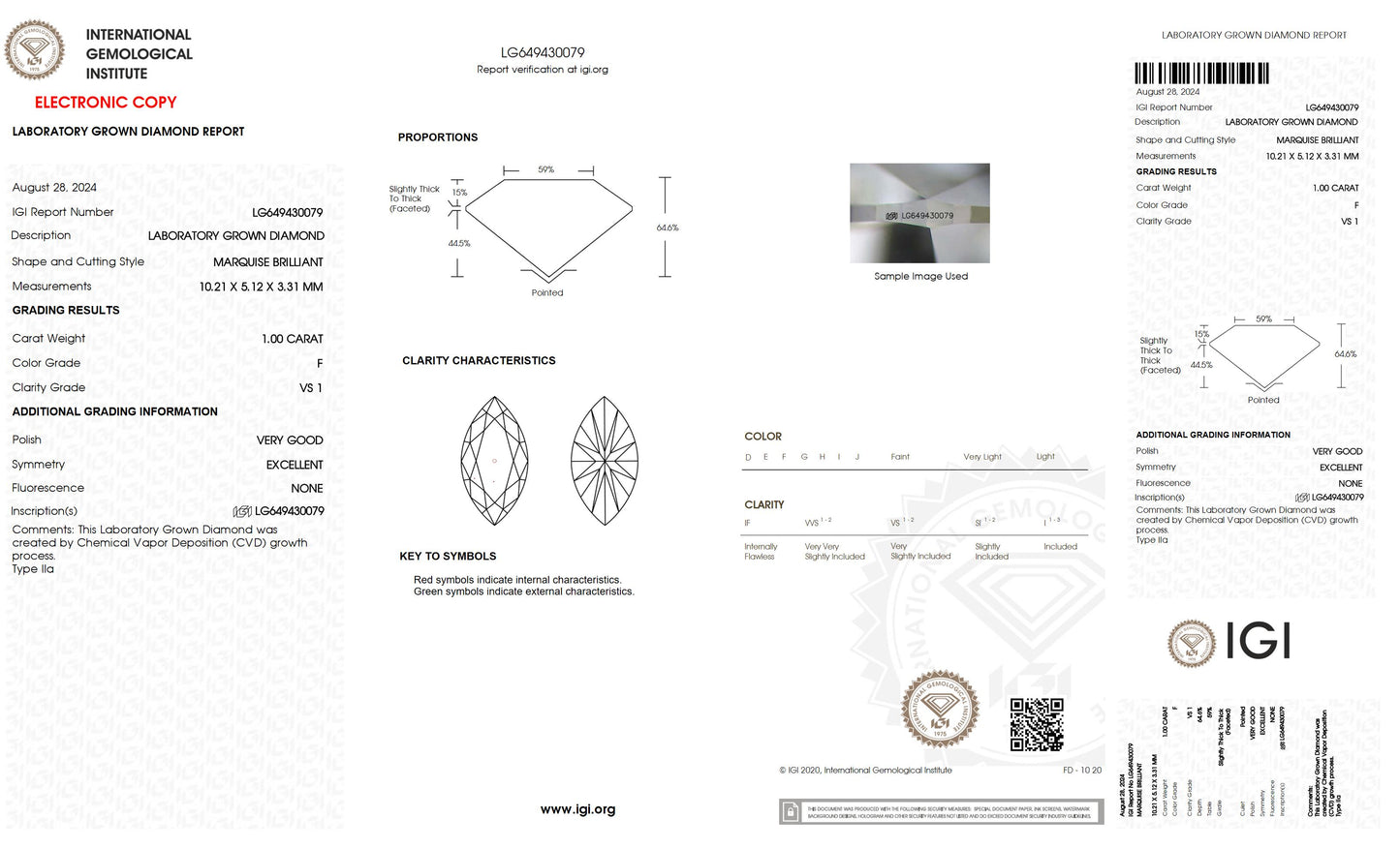 1.00 CT. Marquise VS1 Clarity / F Color IGI Certified Lab Grown Loose Diamond.