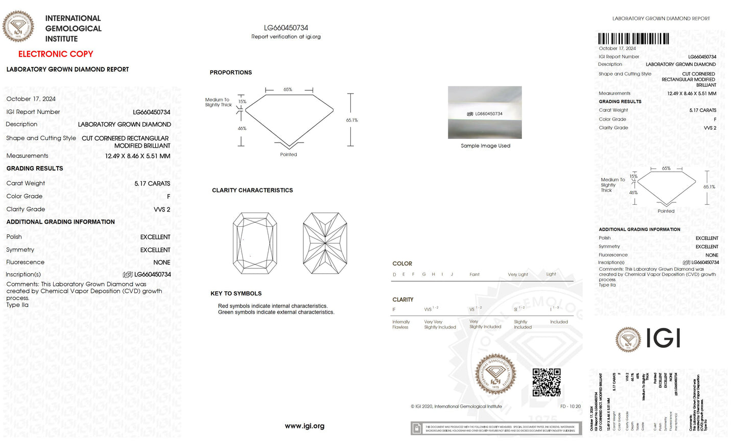 5.17 CT. Radiant VVS2 Clarity / F Color IGI Certified Lab Grown Loose Diamond.