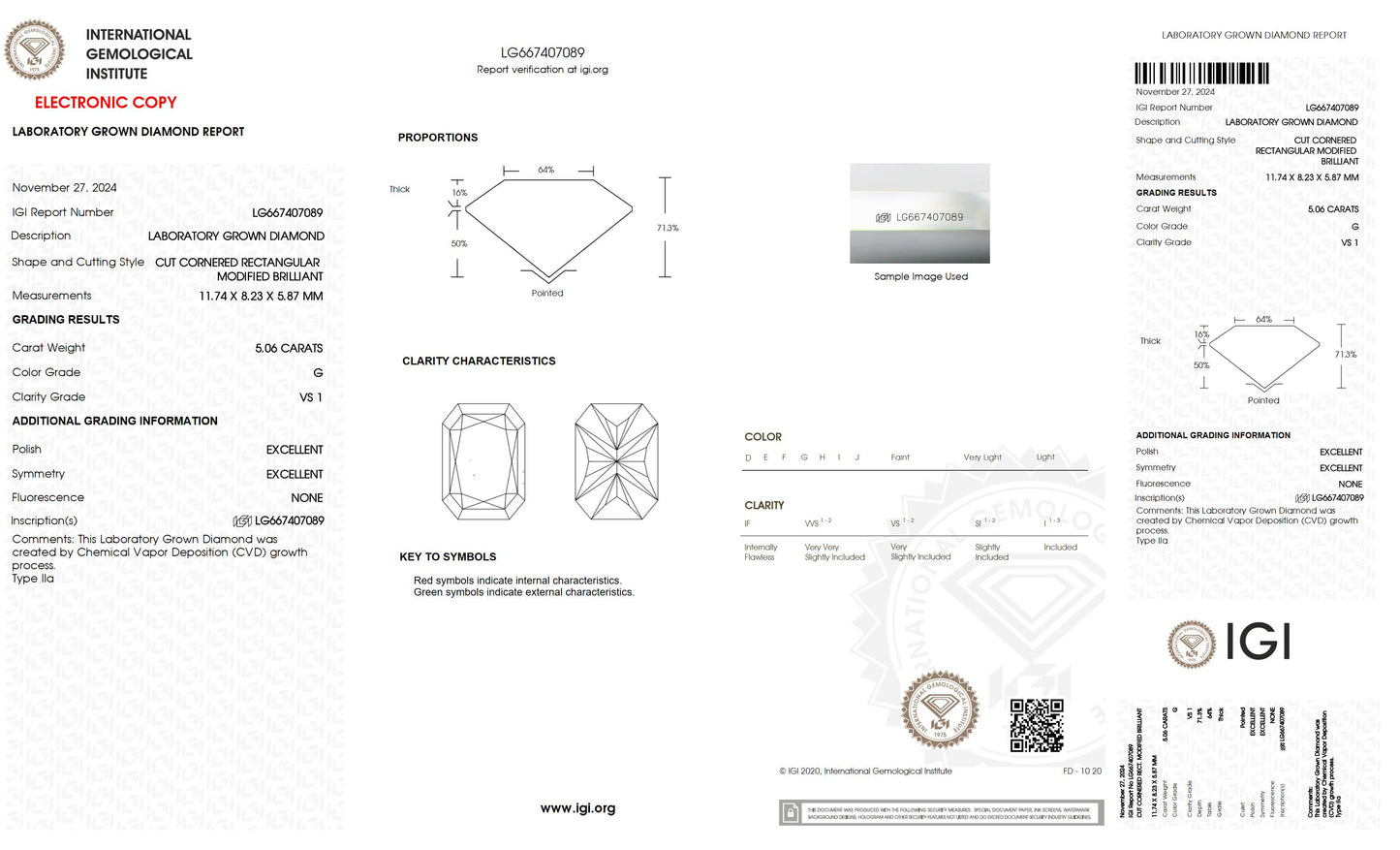 5.06 CT. Radiant VS1 Clarity / G Color IGI Certified Lab Grown Loose Diamond.
