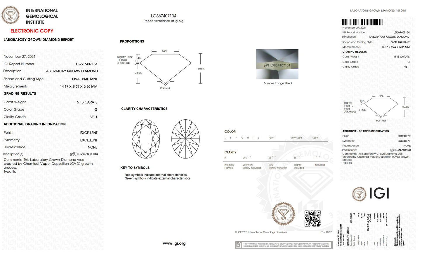 5.13 CT. Oval VS1 Clarity / G Color IGI Certified Lab Grown Loose Diamond.