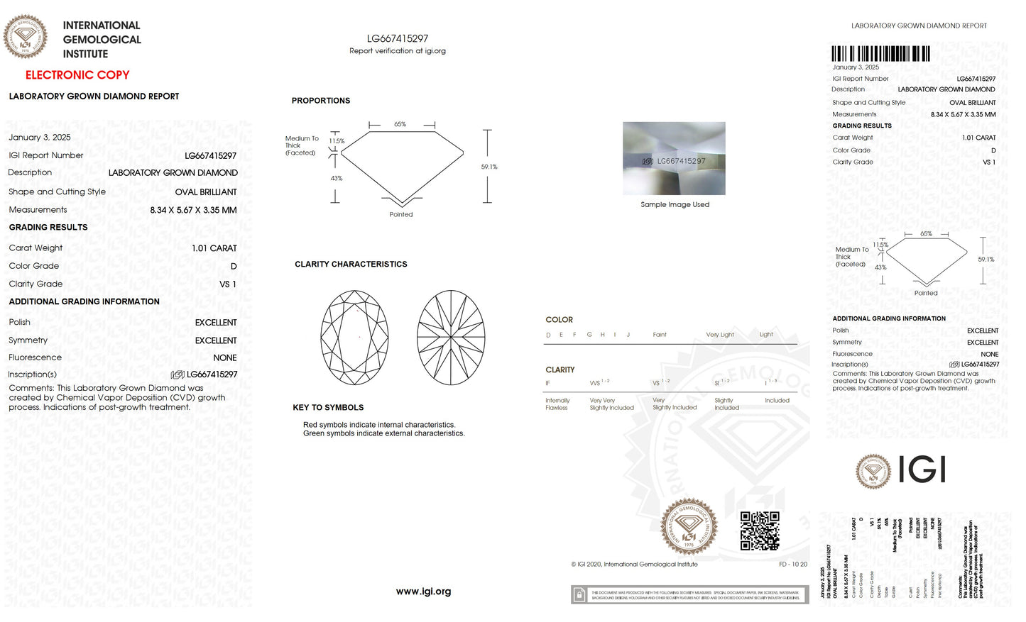 1.01 CT. Oval VS1 Clarity / D Color IGI Certified Lab Grown Loose Diamond.