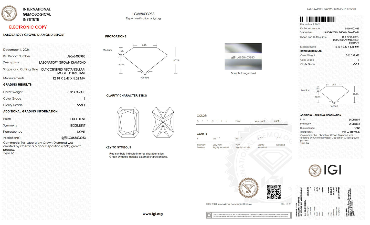 5.06 CT. Radiant VVS1 Clarity / E Color IGI Certified Lab Grown Loose Diamond.
