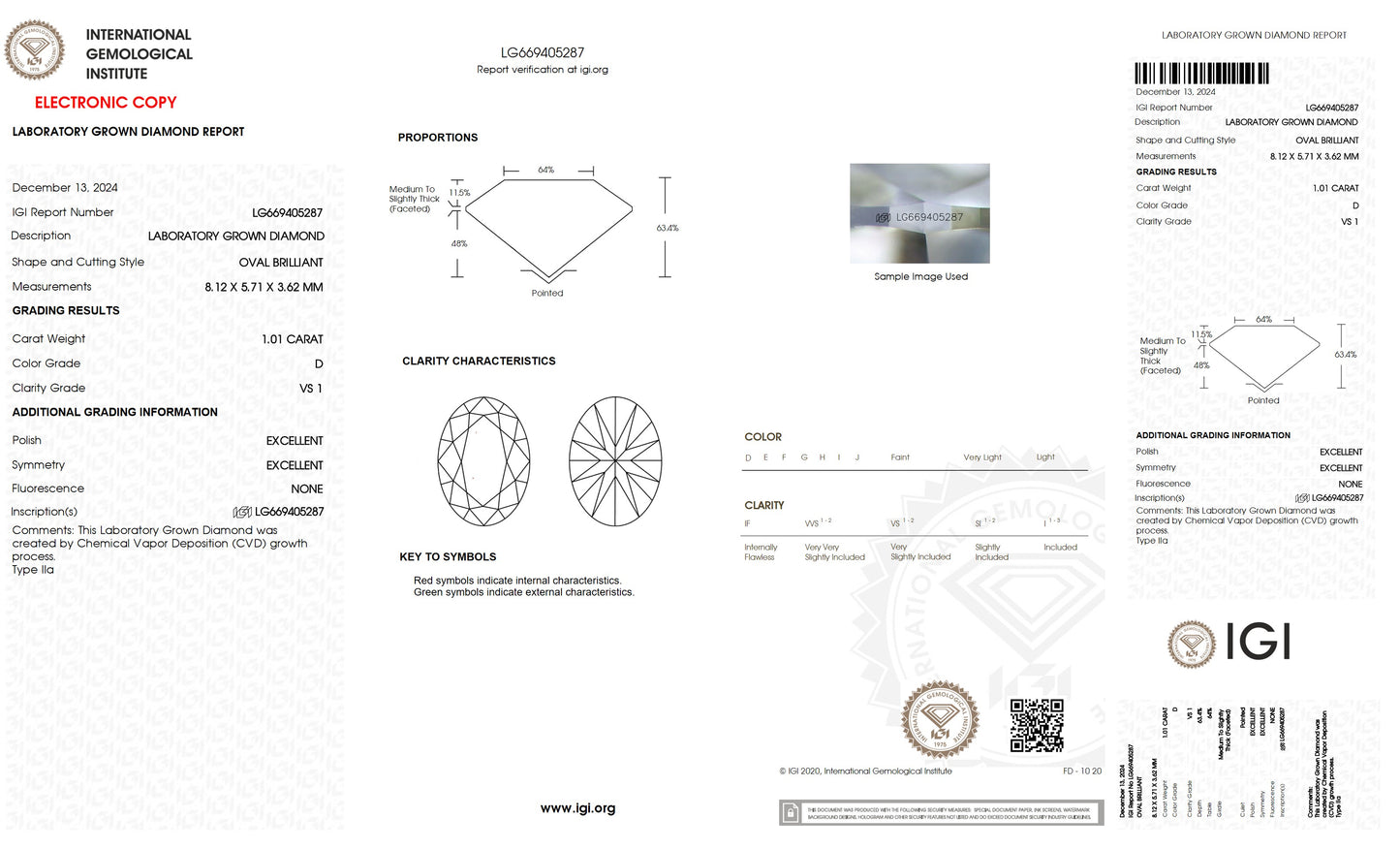 1.01 CT. Oval VS1 Clarity / D Color IGI Certified Lab Grown Loose Diamond.