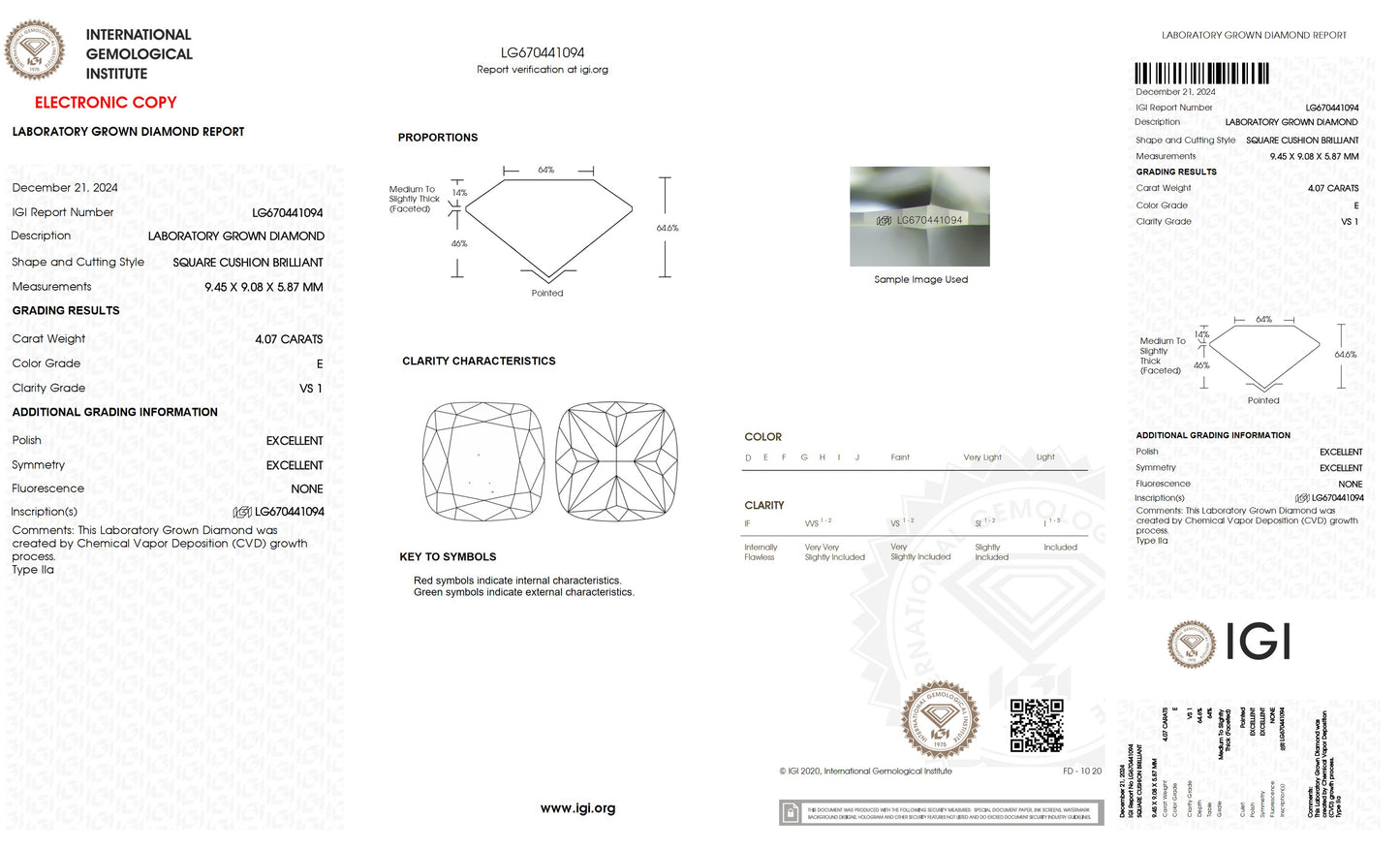 4.07 CT. Cushion VS1 Clarity / E Color IGI Certified Lab Grown Loose Diamond.