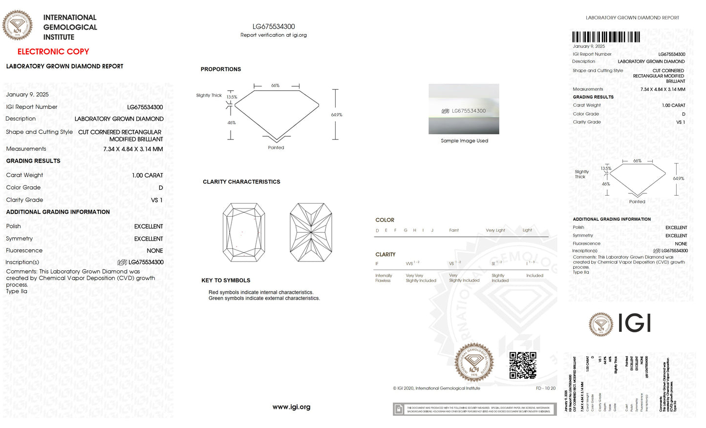 1.00 CT. Radiant VS1 Clarity / D Color IGI Certified Lab Grown Loose Diamond.