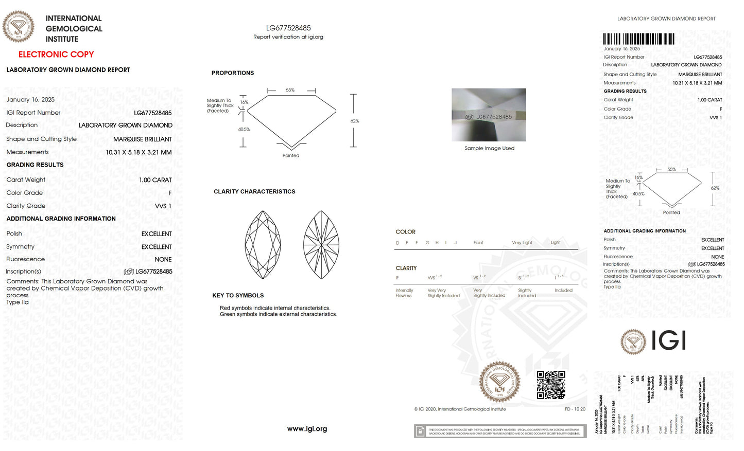 1.00 CT. Marquise VVS1 Clarity / F Color IGI Certified Lab Grown Loose Diamond.